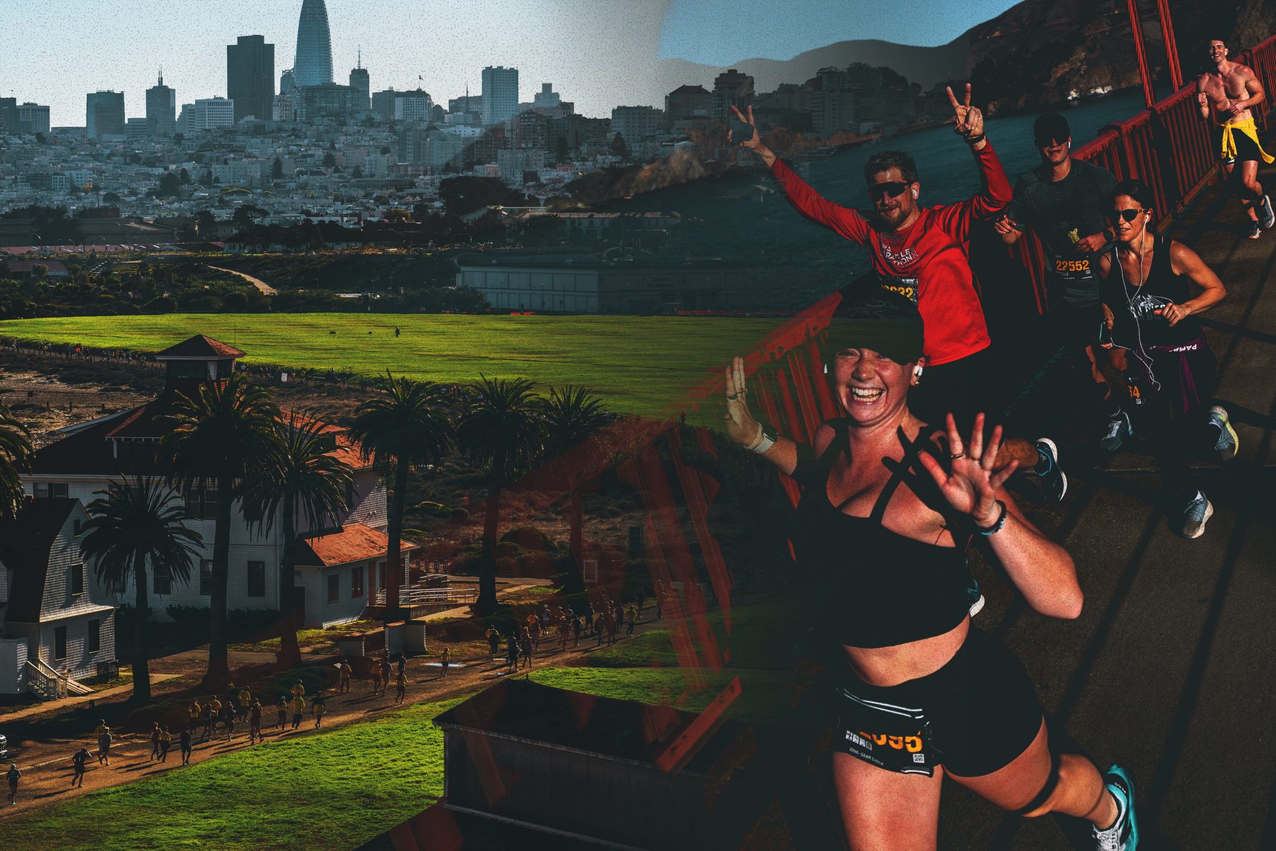 Runners celebrating above the Presidio with the city behind them