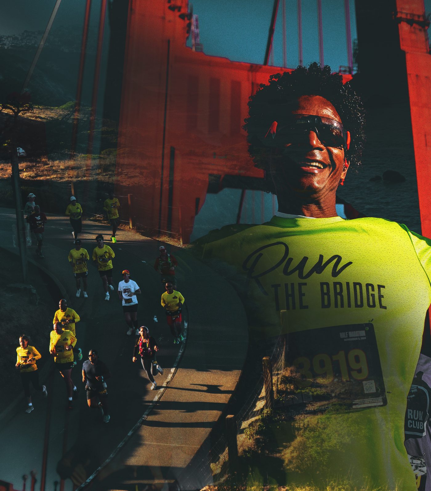 A runner in a Run the Bridge shirt on the Golden Gate Bridge